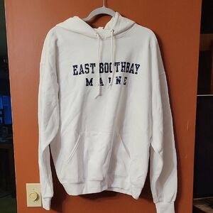 Jerzees White Hoodie with Navy East Boothbay Maine Print